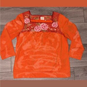 Luka Size Medium 3/4 Sleeve Blouse Embroidered Floral Orange
